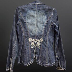 Y2K Embroidered Denim jacket Womens Size XS Victorian Fairy Blazer Ruffled Trim